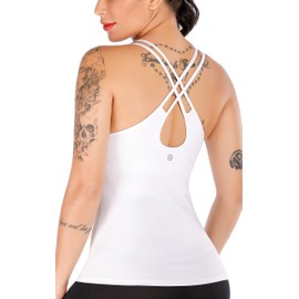 RUNNING GIRL Yoga Tank Tops for Women Built in Shelf Bra B/C Cups Strappy Back Activewear Workout Compression Tops (BX2366 White.CN:XL,US:L)