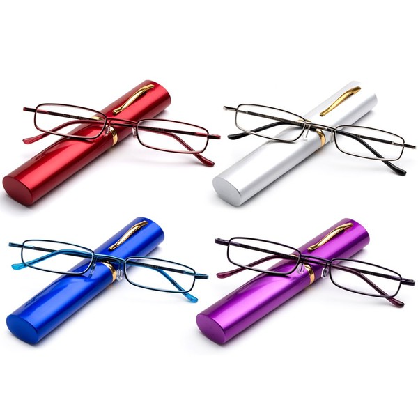 4 Pack Compact Reading Glasses in Aluminum Case Spring Hinged Metal Reading Glasses in Tube Portable Light Weight Reading Glasses 3.00