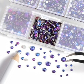 Beadsland 4300pcs Flatback Rhinestones,Purple Rhinestones Nail Gems Round Crystal Rhinestones for Crafts,Mixed 6 Sizes with Picking Tweezers and Wax Pencil Kit, SS6-SS20,Purple Velvet
