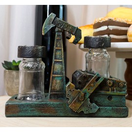 Ebros Gift 6" Rustic Vintage Oil Derrick Rig Pump Glass Salt Pepper Shaker Organizer Holder Nodding Donkey Model Kitchen Dining Decorative Centerpiece Figurine