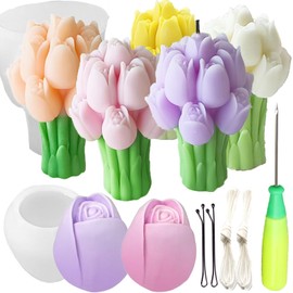 2 moldes de silicona para velas de tulipán, diseño de flores de tulipán, con punzón y gancho de vela, aguja para hacer velas, yeso hecho a mano, fabricación de jabón, adornos para decoración del hogar