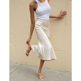 Zeagoo Womens Long Satin Summer Spring Skirt Silk Elegant High Waist Cocktail Party Wedding Flared A-Line Midi Skirts Pastel Peach L