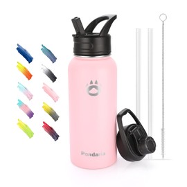 Pandaria Botella de agua aislada al vacío de 32 onzas con tapas y popotes de acero inoxidable al aire libre con boca ancha para bebidas calientes y frías, First Love