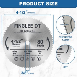 4-1/2 inch 115 mm HSS Circular Saw Blade with 9.5 mm 3/8 Inch Arbor, 120 Teeth High Speed Steel Cutting Saw Blade for Wood, Plastic, Acrylic, Steel, Metal, More Teeth for Finer Cutting (3, 115 mm 80T)