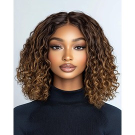 FASHION IDOL Short Curly Bob Human Hair Wig Precut Preplucked Glueless Wear and Go Lace Wig 200% Density Upgraded Invisible Secret Glueless Human Hair Ready to Wear Wigs