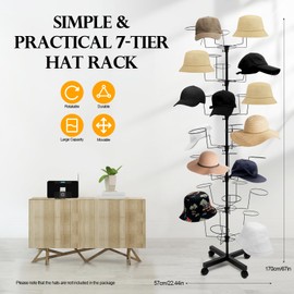 Freestanding Rotating Hat Display Rack: 7-Tiers, 35 Hooks, with Wheels, Black Metal Floor Stand for Hats, Wigs, and Caps - Ideal for Retail Stores and Organizing Headwear.