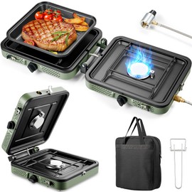 2 Burner Camping Stove Foldable, Portable Camp Stove with Griddle, 16000 BTU, Piezo Ignition, Adjustable Burners, Carrying Handle, Compatible with Blend Isobutane Fuel, for Camping, BBQ, Outdoor Use