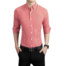 ERZTIAY Men's Casual Business Vertical Striped Button Down Long Sleeve Dress Shirts Red