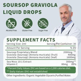 Soursop Graviola Liquid Drops 2000mg - Soursop Leaf Fruit Sea Moss Extract for Cell Support & Regeneration, Immunity, Liver, Sleep & Antioxidant - Soursop Bitters Liquid, Herbal Goodness, 2 Fl Oz