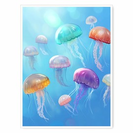 Pastel Blue Jellyfish Wall Art – Beachy Underwater Ocean Print for Coastal Bathroom, Girl’s Room, or Sea-Themed Nursery Decor-11x14Inch Ready to Hang (Unframed)