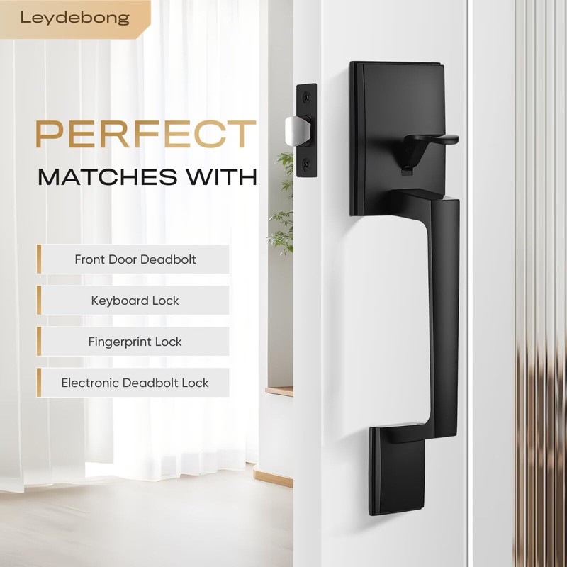Leydebong Black Front Door Handle Set with Reversible Lever -
