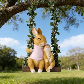 ping Resin Hand-painted Swing Baby Mother Statue (Swinging Mother Baby Rabbit)-Fashion Cute Healing Business GiftColor: As picture, Size: One Size