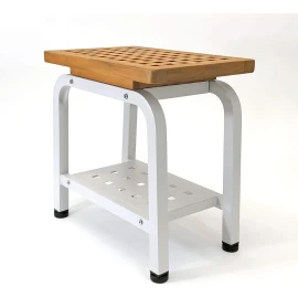 Anthology Spa Maya Shower Bench Teak & Aluminum Bath Stool Chair Side Table Light Grey