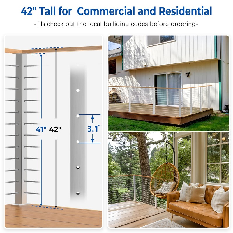 Gyykzz 42" Brushed Corner Post for Deck Cable Railing Kit