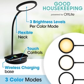 OttLite Good Housekeeping Circular LED Desk Lamp with Wireless Charging - Designed to Reduce Eyestrain - Adjustable Neck, 3 Color Modes - Crafting, Office Work, Reading & Studying