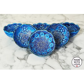 LEMOSE Handmade Decorative Turkish Ceramic Bowl Set of 6, Blue Pinch Bowls for Dipping&Serving - Small Versatile and Unique Charcuterie Accessories, Mini Sauce Dish, Floral Pattern Snack Bowls