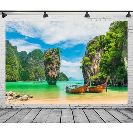 Loccor 7x5ft Fabric Phuket Backdrop Thailand Boat Summer Beach Photography Background Adult Lovers Portrait Wedding Travel Vacation Birthday Party Decor Photo Studio Props Polyester Tapestry