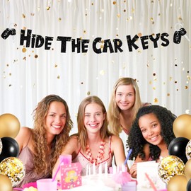 Ushinemi Pre-Strung Funny Birthday Decorations, NO DIY Glitter Hide The Car Keys Banner, 15th and 16th Car Theme Party Supplies, Sweet Sixteen 16 Year Old Birthday Gifts Ideas