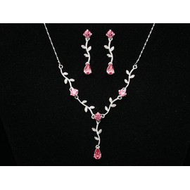Venus Jewelry Vine design Teardrop Crystal Necklace Earrings Set - Silver Plated Pink Rhinestones N274