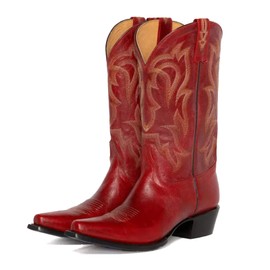 Yolkomo Cowboy Boots for Women Red Distressed Cowgirl Boots Wide Calf Low Heel Embroidered Western Boots Mid-Calf High Pull-On Leather Boots Size 10