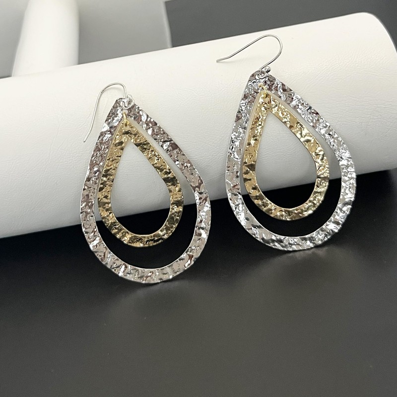 Silver and Gold Hammered Teardrop Dangling Earrings Two Tone Boho