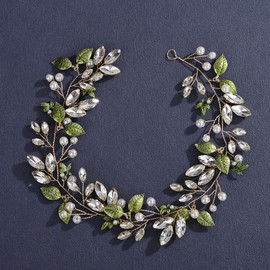 Lenjicons Green Leaf Rhinestone Headband Rhinestone Faux Pearls Headpiece Golden Crystal Beads Hair Vine Vintage Leaf Hair Vine for Wedding Women (gold, free size)
