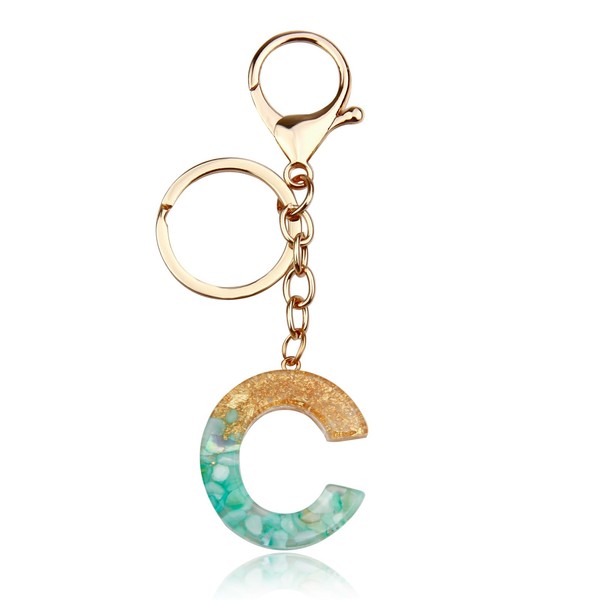 ORUZA Alphabet Initial Letter Keychain, Gold Light Blue Initial with