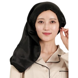Miery Nightcap for Long Hair 6A, Natural Silk, 100% 19 Momme, Elastic Cap, Adjustable Size, Barrel Shape, Beautiful Hair, Split Ends Prevention, Black (Rubber)