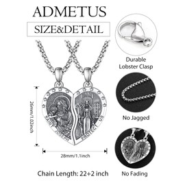 ADMETUS St Joseph Necklace Sterling Silver Miraculous Medal Virgin Mary Pendant Jewelry Heart Couple Necklaces Matching Religious Gifts for Him and Her
