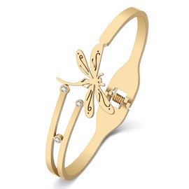 TIZURO Stainless Steel 18K Gold Silver Plated Crystal Cute Dragonfly Bracelets Fun Spring Summer Insects Hollow Out Cuff Bangle Jewellry For Women Friendship Charms Gifts (Gold Plated)
