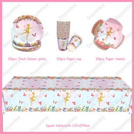 Doyomtoy Ballerina Birthday Decoration, Fairytale Party Tableware, Butterfly Birthday Plates, Cups, Napkins for Children's Birthday, Flowers, Party Decoration, Baby Shower, 20 Guests