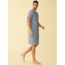 Latuza Men's Plaid Nightshirt Cotton Sleep Shirt, Charcoal Stripe, Medium