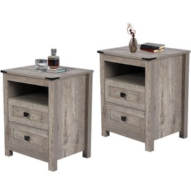 BTDWI Farmhouse Nightstand Set 2, Wood Side Table with Drawers and Storage Shelf, Square End Table for Bedroom, Light Grey Rustic Oak