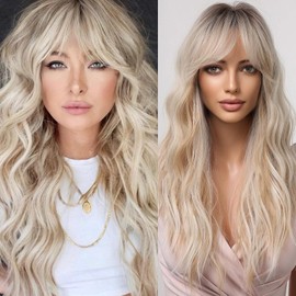 Blonde Long Body Wave Wigs with Bangs for Women Ash Blonde Soft Fluffy Hair Dark Messy Root Natural Synthetic Long Wavy Wig with Bangs (T27/613, 26 inch)