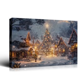 Christmas Gift Winter Wall Decor Snowy Village, Tree & Glowing Lights, Great for Festive Cheer & Home Christmas DecorColor: multi color, Size: 36*24 inch