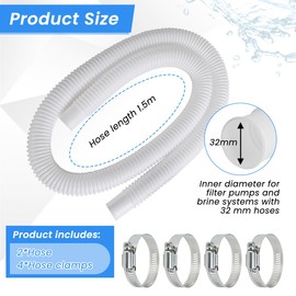 Pool Hose Diameter 32 mm, Pack of 2 Swimming Pool Hose 150 cm, Suction Hose with 4 Safety Clips, Pool Hose for Sand Filter System, Pump Hose for Swimming Pool for Garden and Swimming Pool