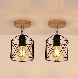 Tealight Pack of 2 Ceiling Lamps, Vintage Ceiling Light, Industrial Design, Made of Metal and Wood, Diameter 14 cm, Retro E27 Lamp Made of Iron, Cage Pendant Light, Black