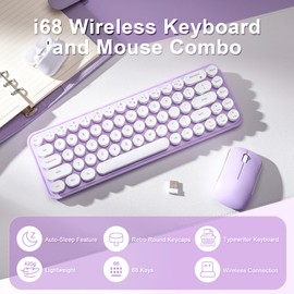 MIKIBY i68 Wireless Typewriter Keyboard and Mouse Combo,Purple Keyboard with 2.4GHz Connection, Cute Retro Aesthetic Design Round Keycaps for Tablet, Phone, PC and Win/Mac/Android(Purple)