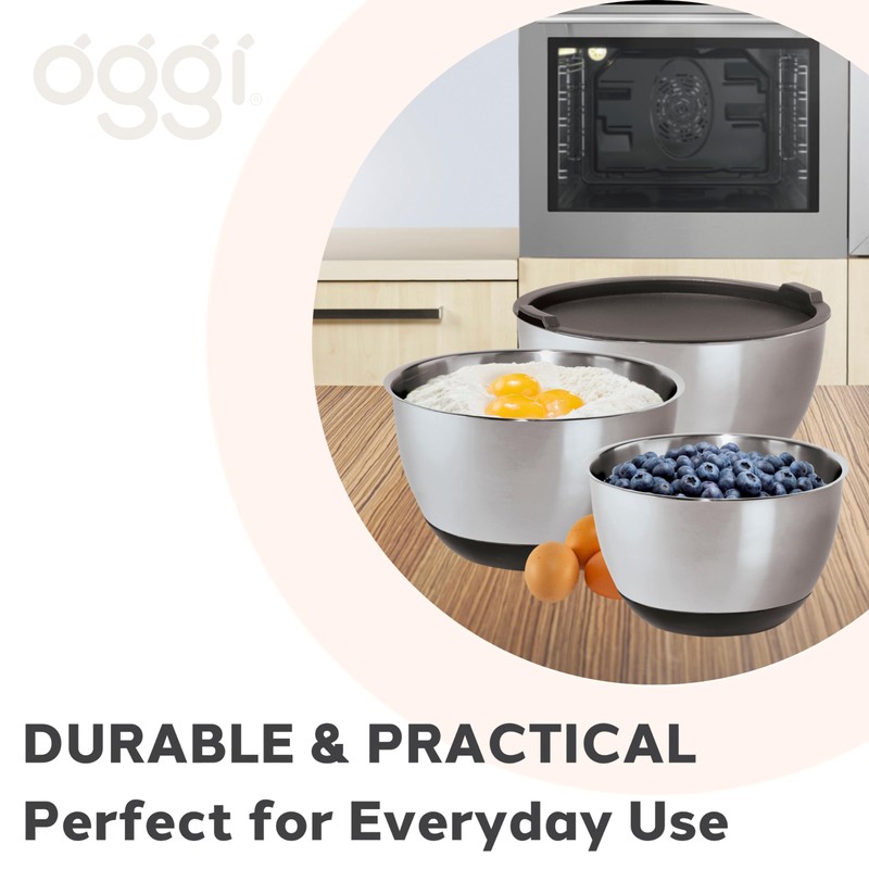 Oggi Stainless Steel 3-Piece Bowl Set with Lids, (7287.0)