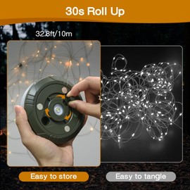 Camping String Lights,3-in-1 Quick Storage 32.8ft Rechargeable Tent Lights,8 Modes Outdoor String Lights Waterproof,Portable Retractable Camping Lantern for Hiking Awning Garden Party Festival Decor