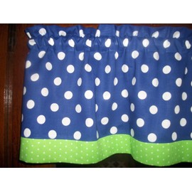 Royal Blue Lime Green Polka Dot fabric kitchen decor window treatment topper curtain Valance 42" by 13"