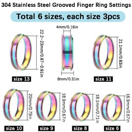 SUNNYCLUE 1 Box 18Pcs Ring Cores Inlay Ring Blanks Stainless Steel Ring Blanks Rainbow Color Grooved Finger Rings US Size 7/8/9/10/11/12 Round Empty Ring Blanks for Jewelry Making Kits Men Women