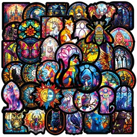 50PCS Animal Cathedral Glass Stickers, Retro Pattern Art Aesthetic Graffiti Decals for Computers Cups Guitars Phones, Classic Europe & The United States Stained Glass Stickers