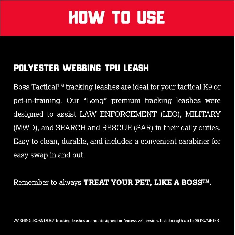 Boss Dog Tactical Polyester Webbing TPU Tracking Leash, Black, 20