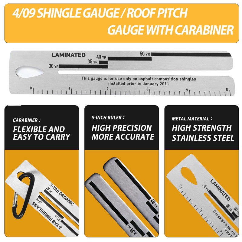 Upgraded 4/09 Shingle Gauge, Roof Pitch Gauge, Stainless Steel Measuring