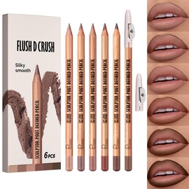Classic Matte Series Lip Liner Set for Women, Long-Lasting Lip Makeup Kit with 6 Colors Lipliner & Sharpener for Define and Sculpt the Lip, Smooth, Non-Smudge, Natural Look, NUDE BROWN SHADE,#2