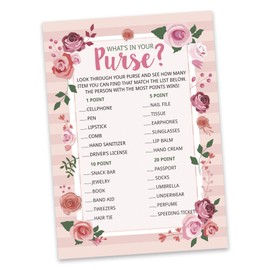 Inkdotpot Floral Wedding Shower Bachelorette Party Bulk Activity Game Cards Whats in Your Purse Bridal Shower Game 50-Pack