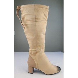 Coutgo Women’s Knee High Boots Wide Calf Chunky Block Heel Round Toe Size 8.5 Beige