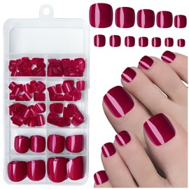 LuckForever Short Press on Toenails 240pc Glossy Red Press on Toenails Short Square Fake Toe nails Full Cover 10 Nail Adhesive Tabs,Small Wooden Sticks & Nail Files False Toenails for Women