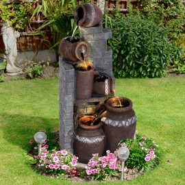 LEISU 6-Tiers Outdoor Indoor Fountains Modern Resin Floor-Standing Cascading Water Feature Fountain with LED Lights,Garden Deck Patio Porch Backyard Court (Wall Molding)